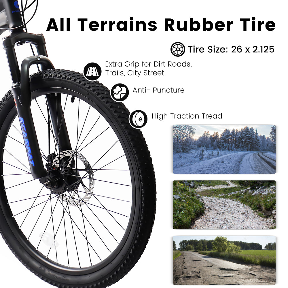 A2660 Mountain Bike 26 Inch Wheels, 21-Speed Full Suspension Mens Womens Trail Commuter City Mountain Bike, Carbon Steel Frame Disc Brakes Thumb Shifter Front Fork Rear Shock Absorber Bicycles