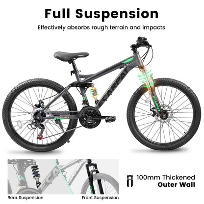 A2660 Mountain Bike 26 Inch Wheels, 21-Speed Full Suspension Mens Womens Trail Commuter City Mountain Bike, Carbon Steel Frame Disc Brakes Thumb Shifter Front Fork Rear Shock Absorber Bicycles