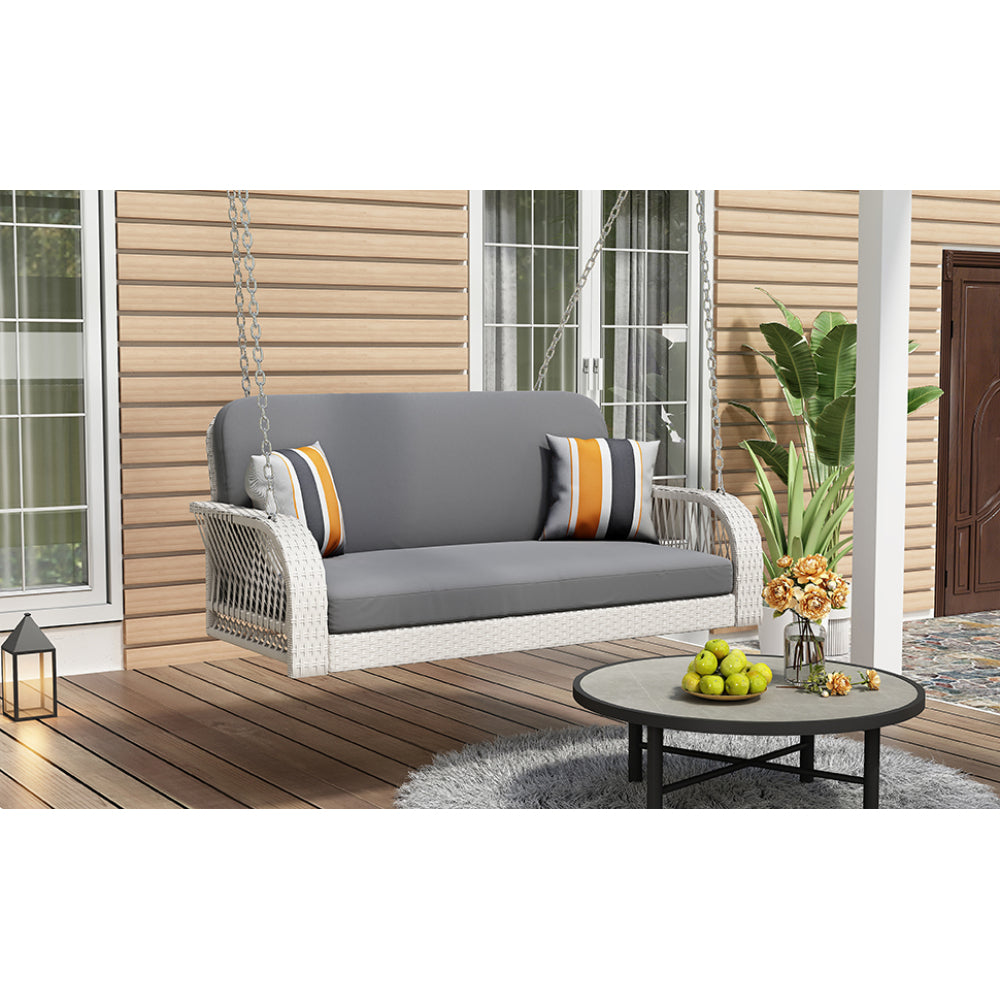 GO PE Wicker Porch Swing, 2-Seater Hanging Bench With Chains, Patio Furniture Swing For Backyard Garden Poolside, White And Gray