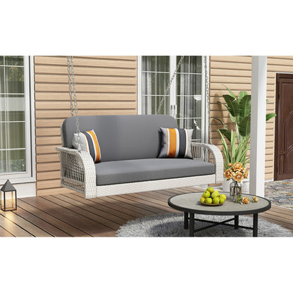 GO PE Wicker Porch Swing, 2-Seater Hanging Bench With Chains, Patio Furniture Swing For Backyard Garden Poolside, White And Gray