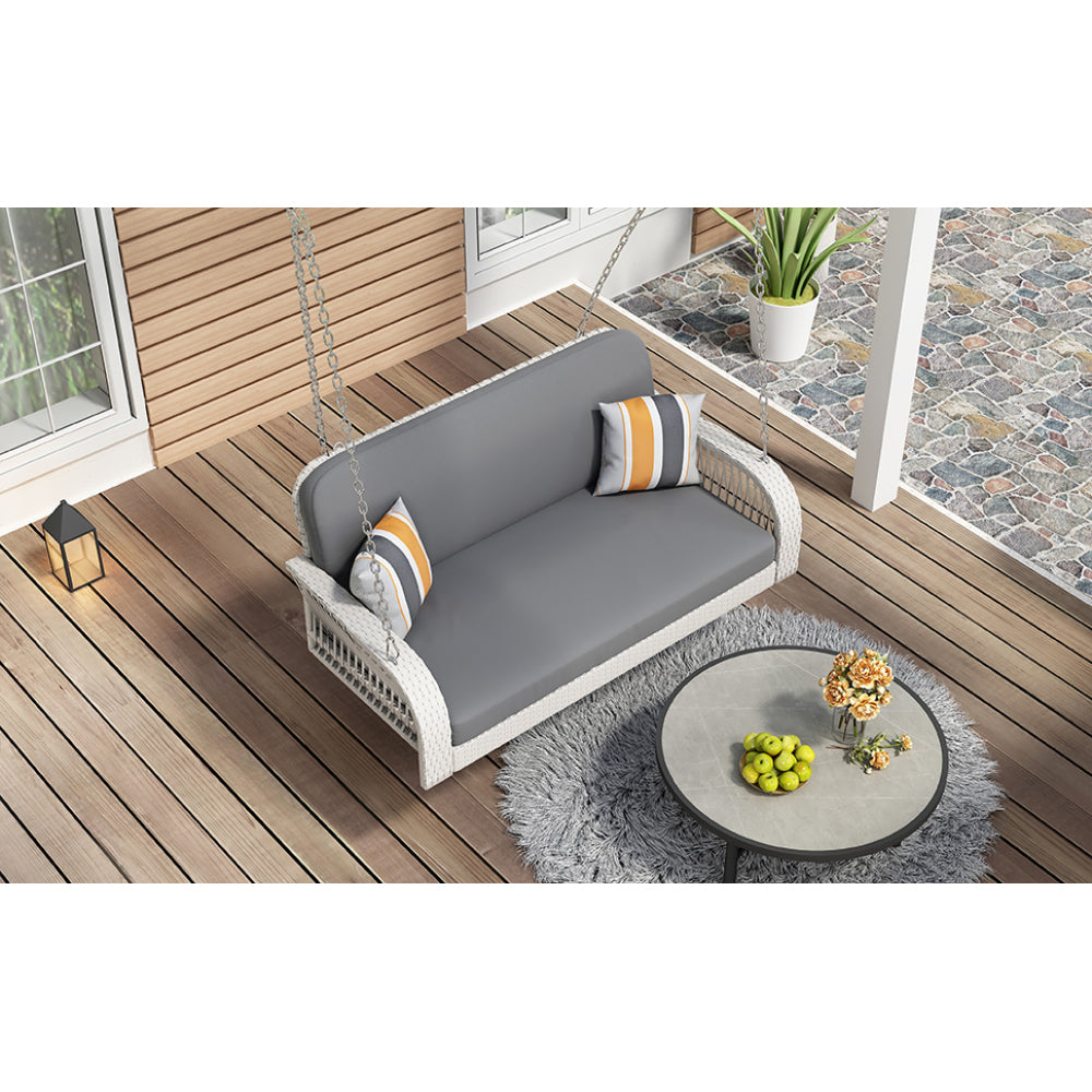 GO PE Wicker Porch Swing, 2-Seater Hanging Bench With Chains, Patio Furniture Swing For Backyard Garden Poolside, White And Gray