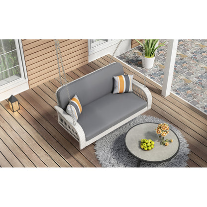 GO PE Wicker Porch Swing, 2-Seater Hanging Bench With Chains, Patio Furniture Swing For Backyard Garden Poolside, White And Gray