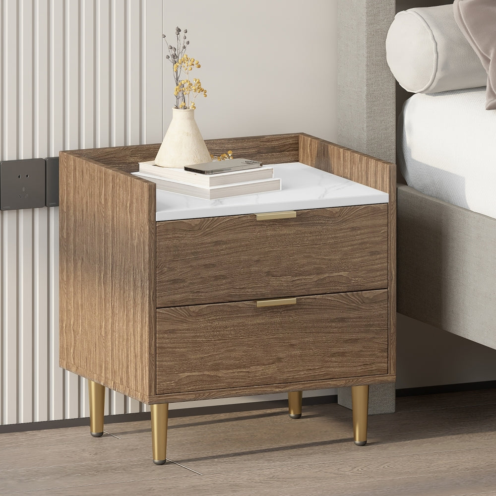 55" Long 6 Drawer Dresser with Marbling Worktop, Mordern Storage Cabinet with Metal Leg and Handle for Bedroom,Walnut