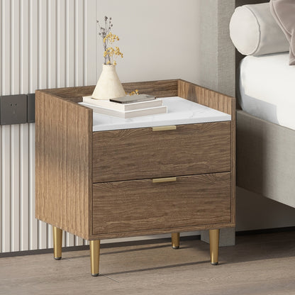 55" Long 6 Drawer Dresser with Marbling Worktop, Mordern Storage Cabinet with Metal Leg and Handle for Bedroom,Walnut