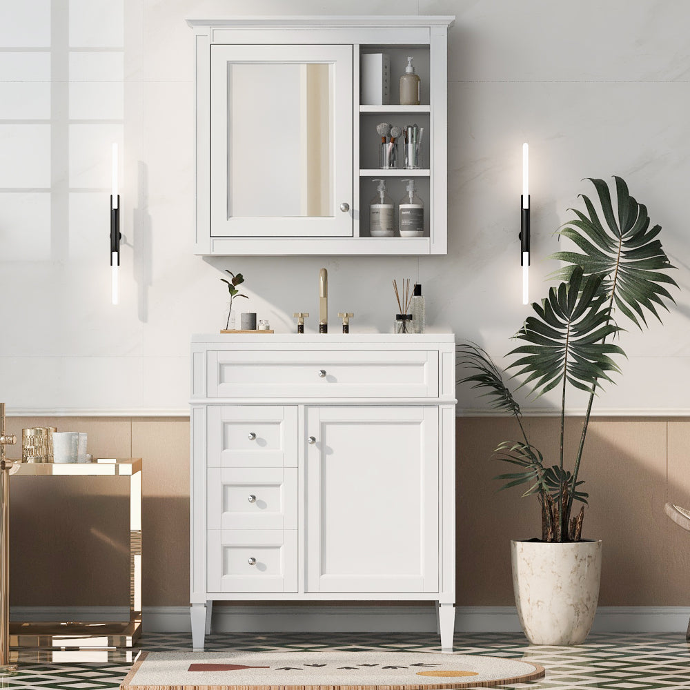 30'' Bathroom Vanity with Top Sink, Modern Bathroom Storage Cabinet with 2 Drawers and a Tip-out Drawer,  Freestanding Vanity Set with Mirror Cabinet, Single Sink Bathroom Vanity