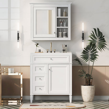 30'' Bathroom Vanity with Top Sink, Modern Bathroom Storage Cabinet with 2 Drawers and a Tip-out Drawer,  Freestanding Vanity Set with Mirror Cabinet, Single Sink Bathroom Vanity