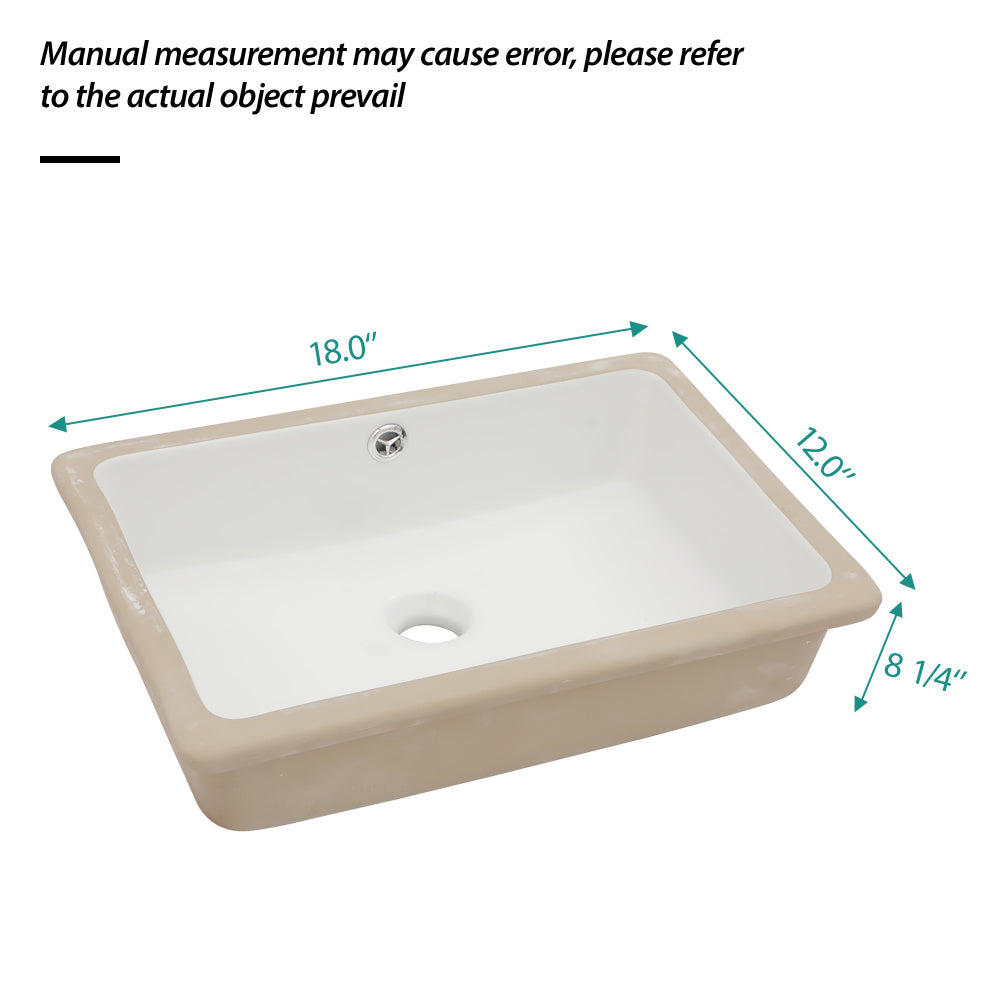 18"x12" White Ceramic Rectangular Undermount Bathroom Sink with Overflow