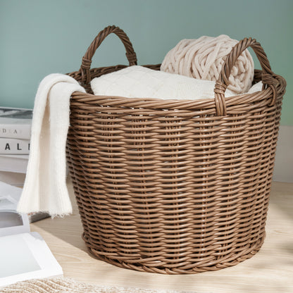 Joseph Round Cone Woven Resin Wicker Basket with Handles - 16" x 16" x 14.5" - Chocolate Brown - For Clothes, Towels, Canvas, Toys, Magazine Storage and Home Decoration