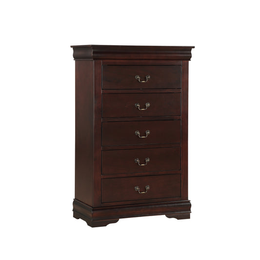 1pc Cherry Finish Five Drawers Louis Philip Chest Solid Wood Contemporary Sleek Ample Storage
