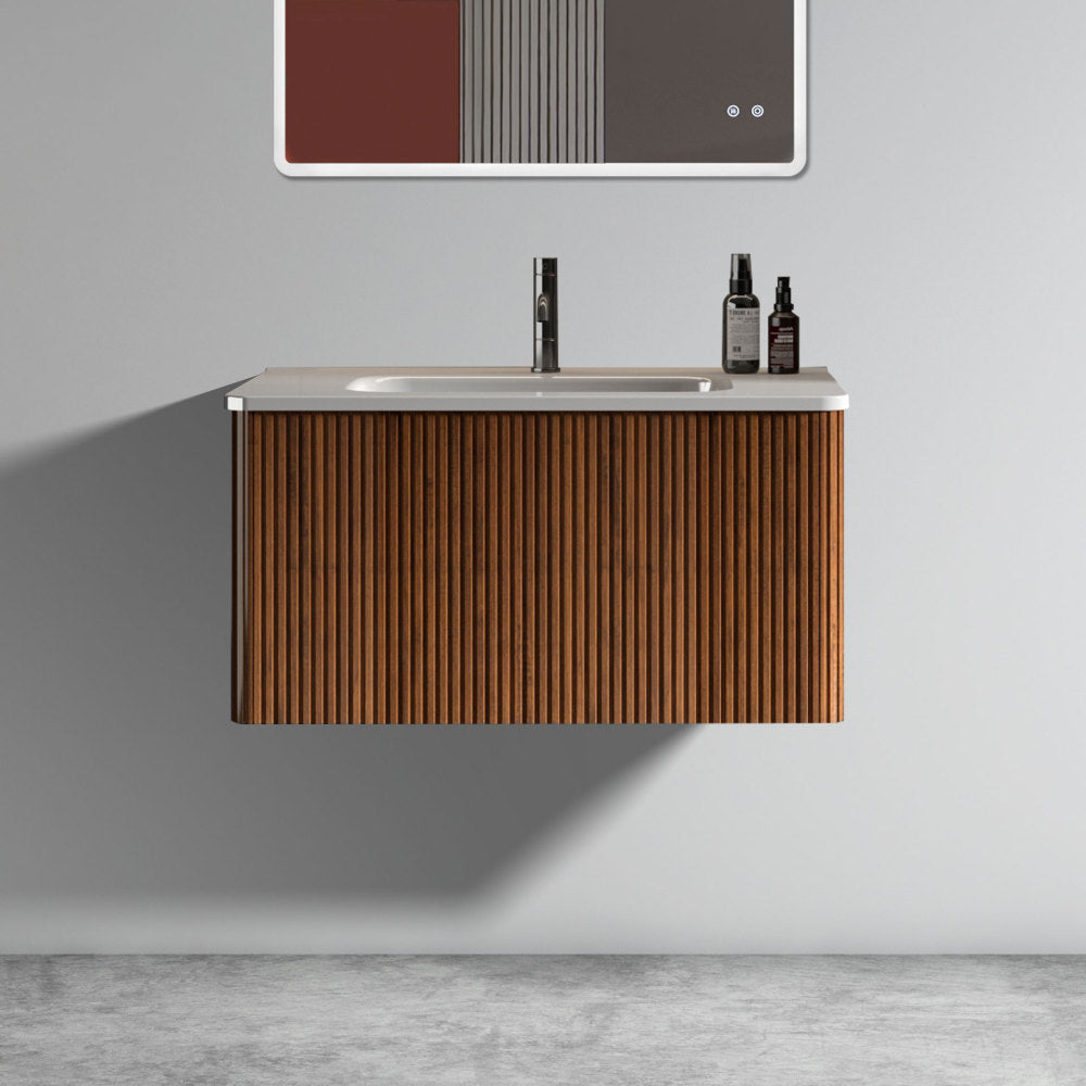 U046-Etna24W-305 Etna 24" Striped Walnut Bathroom Vanity with White Ceramic Sink, Wall Mounted Floating Bathroom Vanity for Modern Bathroom, Pre-assembled