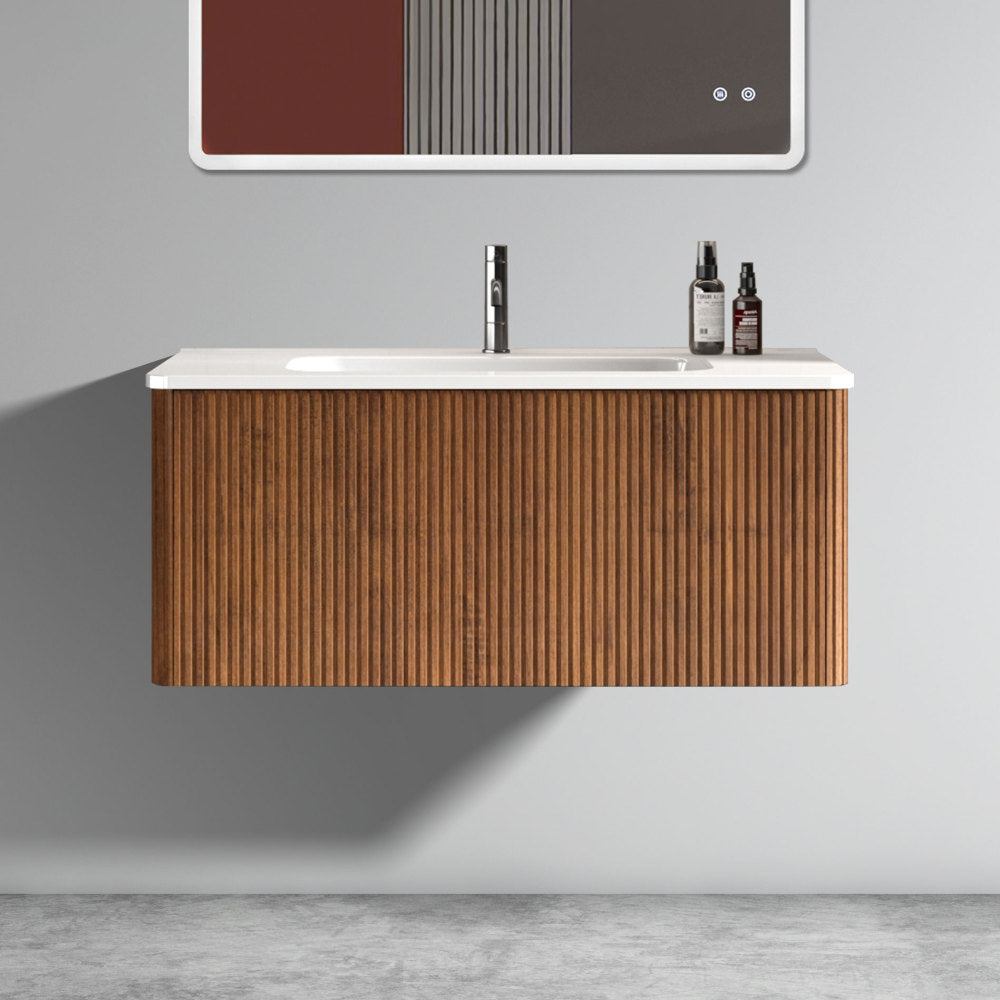U046-Etna24W-305 Etna 24" Striped Walnut Bathroom Vanity with White Ceramic Sink, Wall Mounted Floating Bathroom Vanity for Modern Bathroom, Pre-assembled