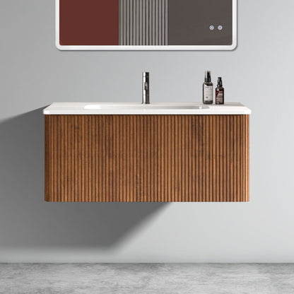 U046-Etna24W-305 Etna 24" Striped Walnut Bathroom Vanity with White Ceramic Sink, Wall Mounted Floating Bathroom Vanity for Modern Bathroom, Pre-assembled