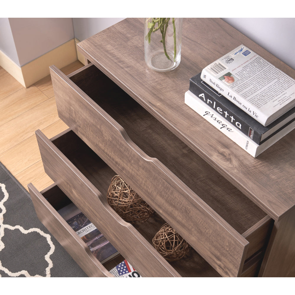 Modern five drawer clothes and storage chest cabinet with cutout handles in Hazelnut color