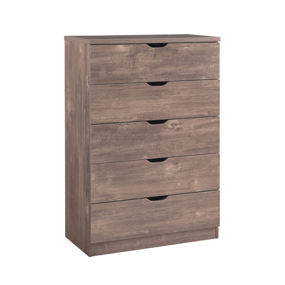 Modern five drawer clothes and storage chest cabinet with cutout handles in Hazelnut color