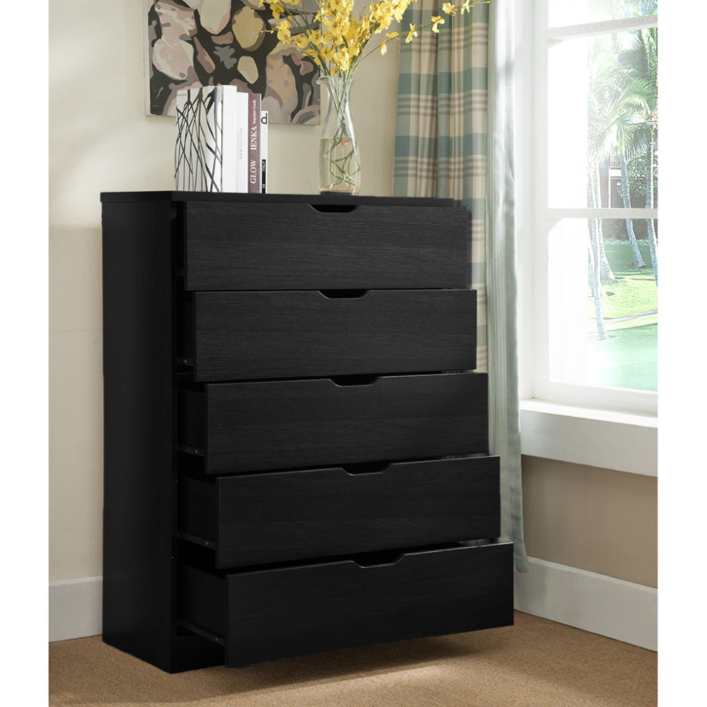 Modern black five drawer clothes and storage chest cabinet with metal drawer glides