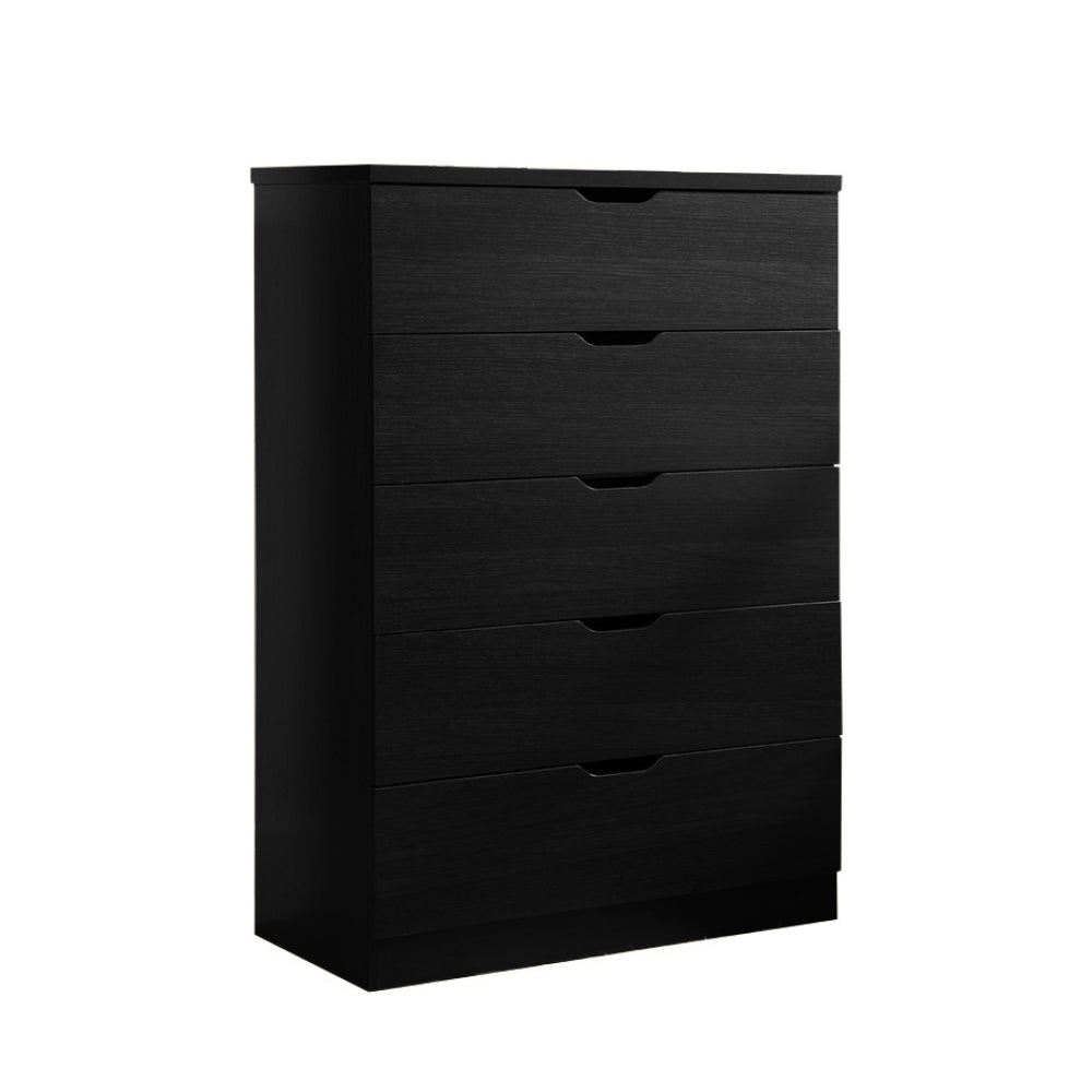 Modern black five drawer clothes and storage chest cabinet with metal drawer glides