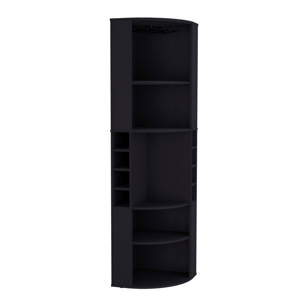 Oban Corner Bar Cabinet with Five Shelves , Eight Bottle Cubbies and Steamware Black