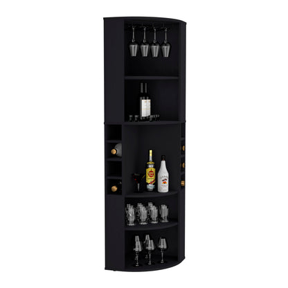 Oban Corner Bar Cabinet with Five Shelves , Eight Bottle Cubbies and Steamware Black