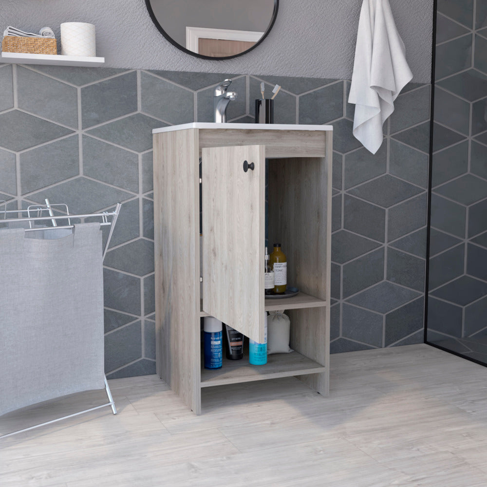 Jane Bathroom Vanity, Single Door Cabinet, Two Shelves -Light Gray