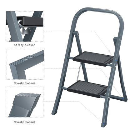 2 Step Ladder, Step Stool for Adults, Folding Step Stool with Wide Anti-Slip Pedal, Sturdy Steel Ladder