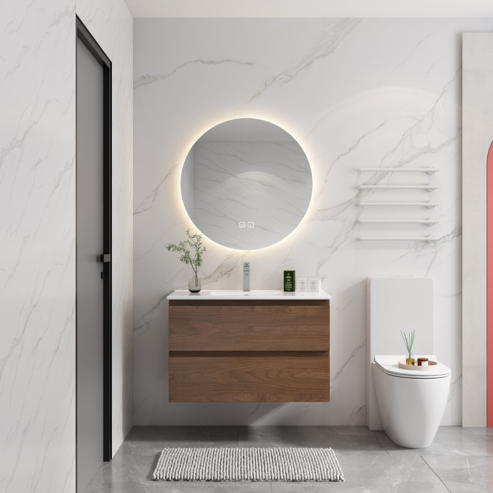 24" Wall-Mounted Bathroom Vanity With Ceramic Sink, 2-Soft Close Drawers, KD-Package