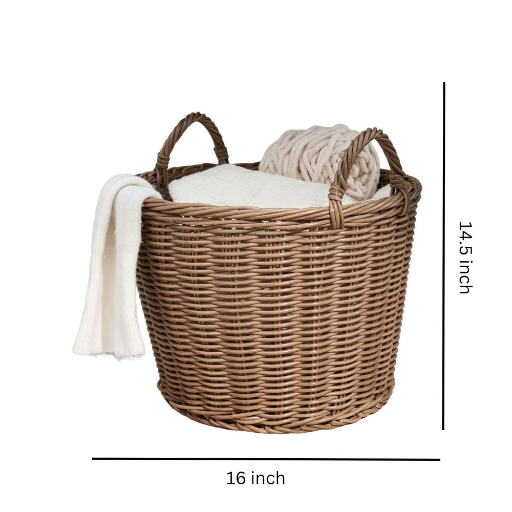 Joseph Round Cone Woven Resin Wicker Basket with Handles - 16" x 16" x 14.5" - Chocolate Brown - For Clothes, Towels, Canvas, Toys, Magazine Storage and Home Decoration