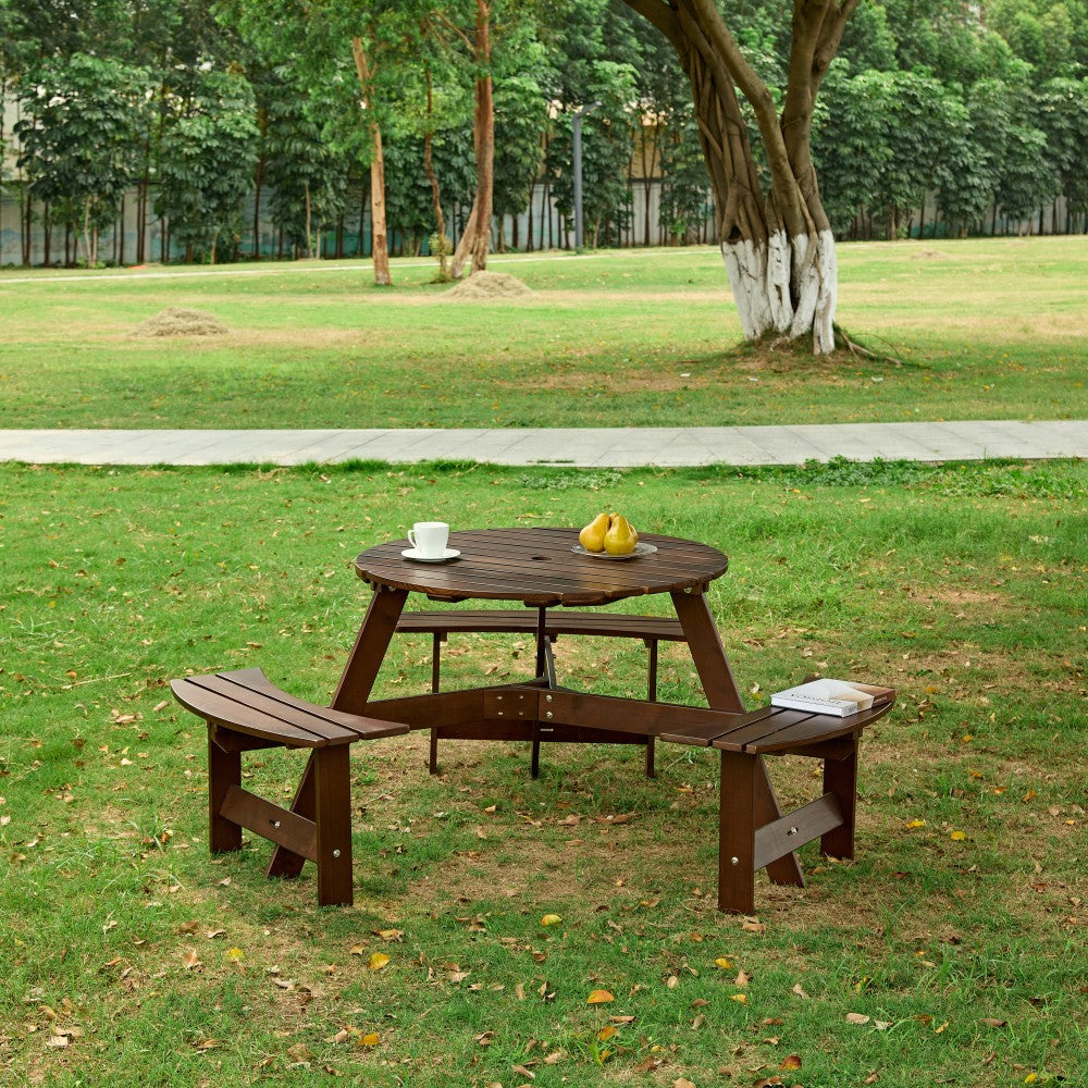 Outdoor 6 Person Picnic Table, 6 person Round Picnic Table with 3 Built-in Benches, Umbrella Hole, Outside Table and Bench Set for Garden, Backyard, Porch, Patio,  Natural
