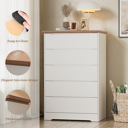 Modern 5 Drawers Dresser for Bedroom, 43.7" Tall Dressers & Chests of Drawers Hidden handle Design for Bedroom, Living Room, (White +Brown)