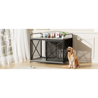 42.8" Heavy Duty Large Dog Crate Furniture for Large Medium Dog, Farmhouse Wooden Dog Kennel Indoor End Table, Decorative Pet House for Large Dogs, Gray