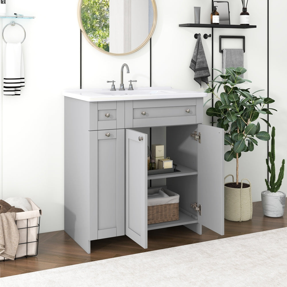 30-Inch Grey Bathroom Vanity with Ceramic Sink Combo, Abundant Storage Cabinet - 2 Soft-close Doors and Double-tier Deep Drawer