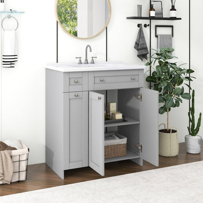 30-Inch Grey Bathroom Vanity with Ceramic Sink Combo, Abundant Storage Cabinet - 2 Soft-close Doors and Double-tier Deep Drawer