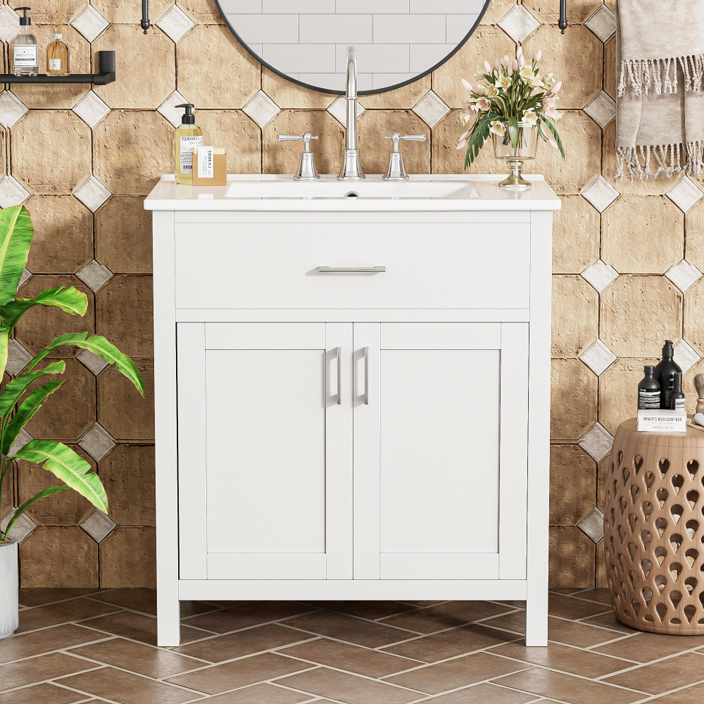 30-Inch  Bathroom Vanity with Ceramic Sink and Ample Storage - The Perfect Choice for Small Bathrooms