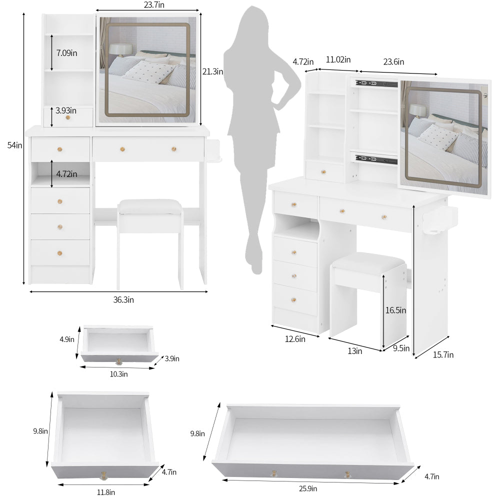 37" Middle Size Left Drawer Desktop Vanity Table + Cushioned Stool Dresser Set, 2 AC+2 USB Socket, Hair Dryer Stand, Large Touch Control LED Sliding Mirror, 3-color sSwitch, EPA, GCC, UL Certificate