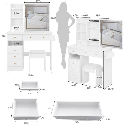 37" Middle Size Left Drawer Desktop Vanity Table + Cushioned Stool Dresser Set, 2 AC+2 USB Socket, Hair Dryer Stand, Large Touch Control LED Sliding Mirror, 3-color sSwitch, EPA, GCC, UL Certificate