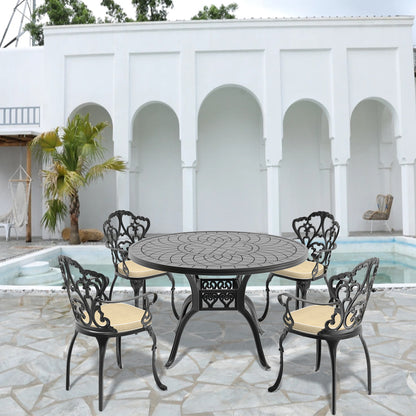 Ø47.24-inch Cast Aluminum Patio Dining Table With Black Frame and Carved Texture on the Tabletop