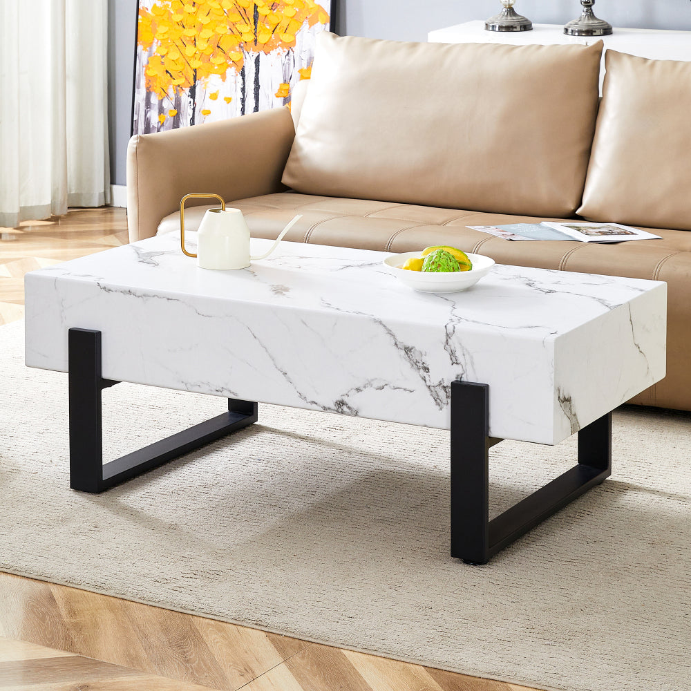 47.2"x23.6" Black and White Minimalist MDF Marble-Patterned Coffee Table.White marble pattern sticker,Black metal leg spray coating,MDF Coffee table.Showcasing a modern and simple style.