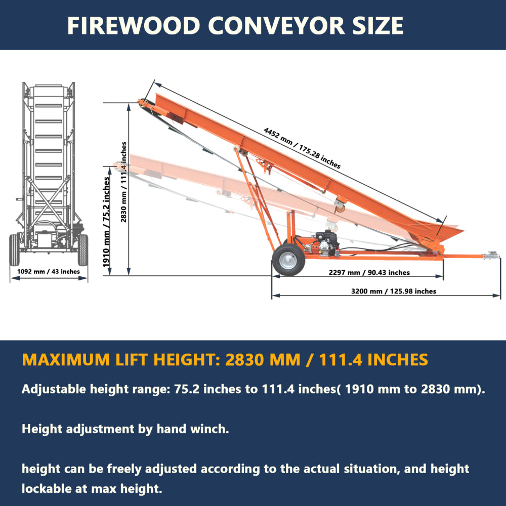 Firewood Conveyor 6.5HP 208cc Gasoline Powered 19.7" Width PVC Belt Wood Conveyor Lifter Elevator with B&S Engine