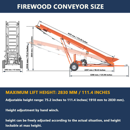 Firewood Conveyor 6.5HP 208cc Gasoline Powered 19.7" Width PVC Belt Wood Conveyor Lifter Elevator with B&S Engine