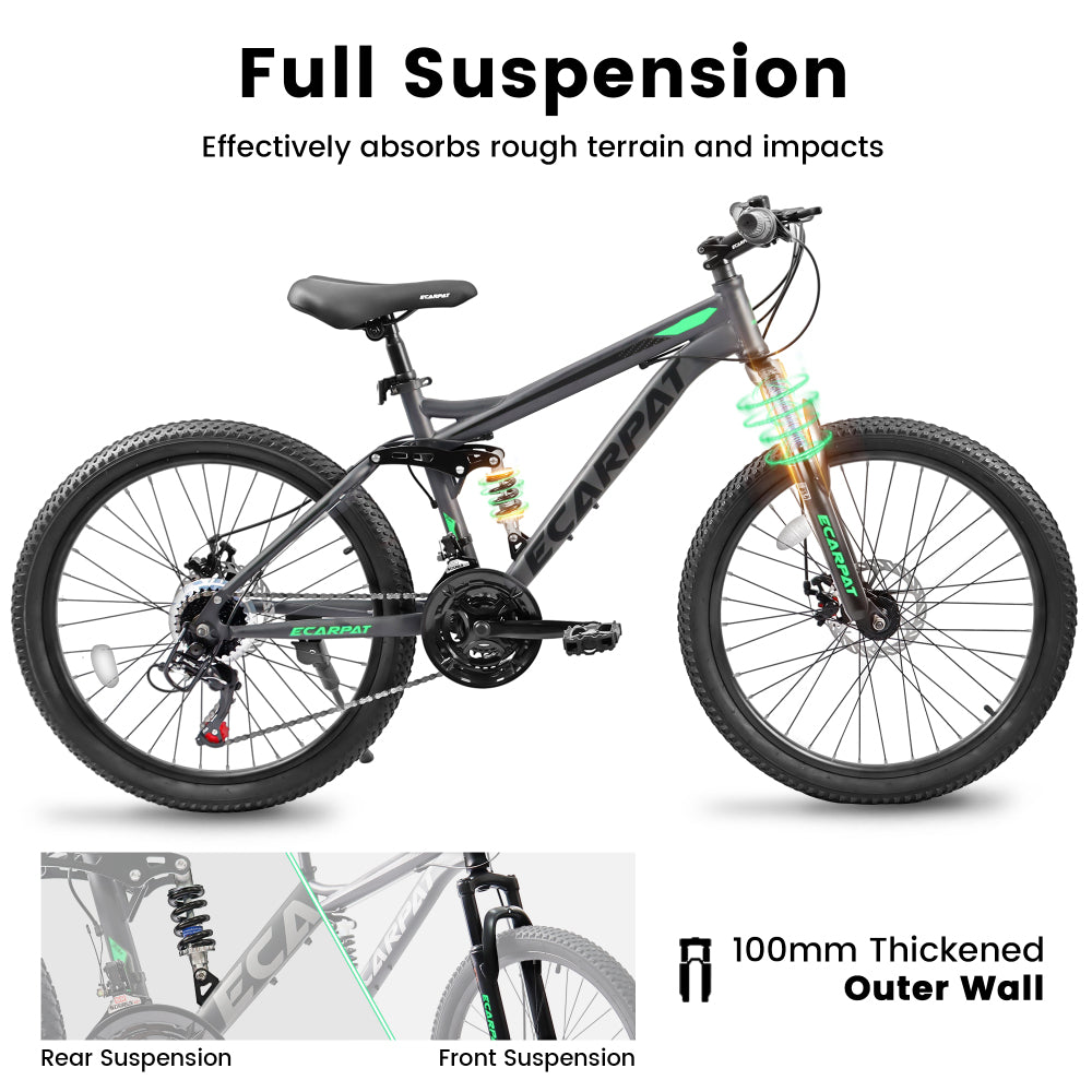 A2460 Mountain Bike 24 Inch Wheels, 21-Speed Full Suspension Mens Womens Trail Commuter City Mountain Bike, High Carbon Steel Frame Disc Brakes Grip Shifter Front Fork Rear Shock Absorber Bicycles