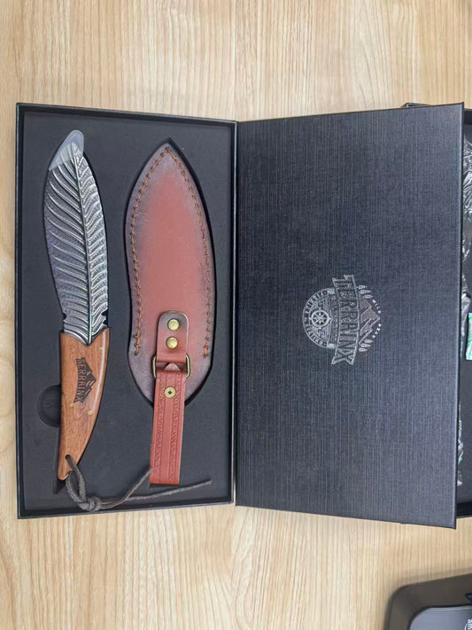 TerrainX Feather-Style Fixed Blade Knife with Premium Leather Sheath
