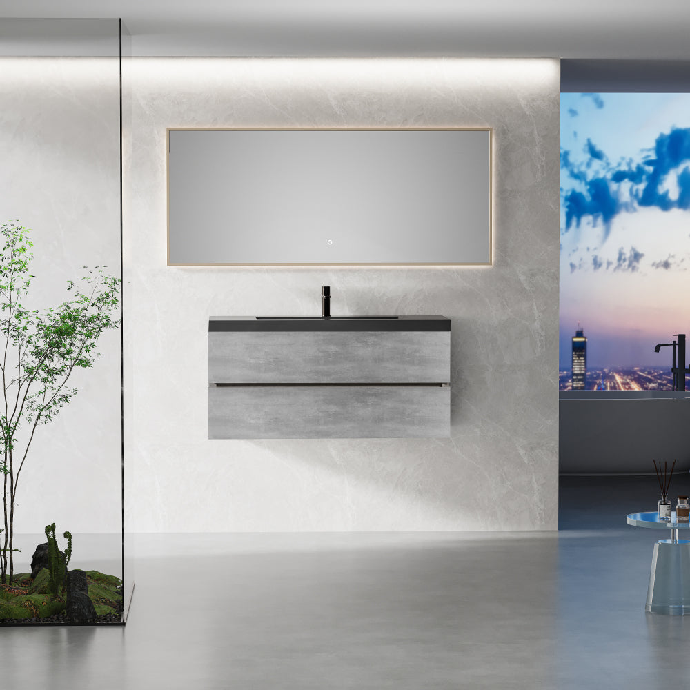 48" Floating Bathroom Vanity with Sink, Modern Wall-Mounted Bathroom Storage Vanity Cabinet with Black Quartz Sand Top Basin and Soft Close Drawers, EDI-Series Cement Grey 24V12-48GR