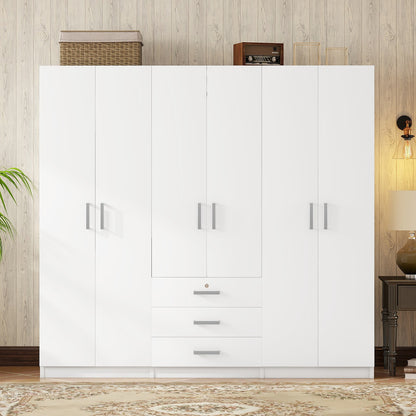 6-Doors Wooden Wardrobe Storage for Bedroom, with Big Drawers, White