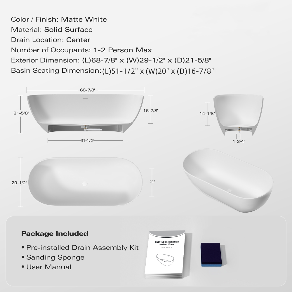 69" Freestanding Solid Surface Bathtub, Luxury Handcrafted Stone Resin Freestanding Soaking Bathtub with Overflow and Pop-up Drain, Matte White 24S03-69MW