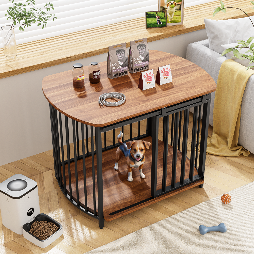 31.5" Furniture Style Dog Crate for Small and Medium Dogs, Wooden Cage Indoor Kennel Furniture, Modern Dog Crate End Table with Double-Doors, Gray
