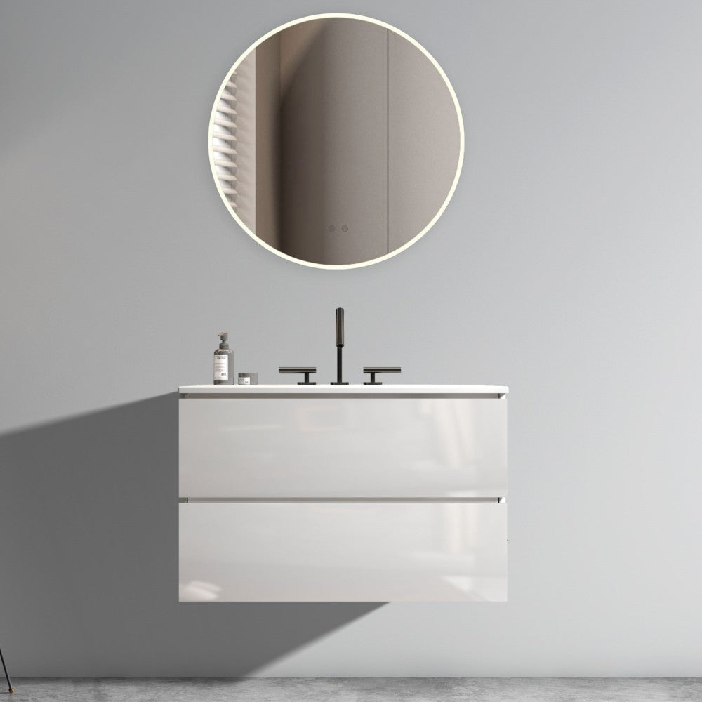 Wall Mount 24" Walnut Bathroom Vanity with Ceramic Sink with three faucet holes, Large Storage Floating Bathroom Vanity for Modern Bathroom, One-Piece Sink Basin without Drain, Pre-assembled