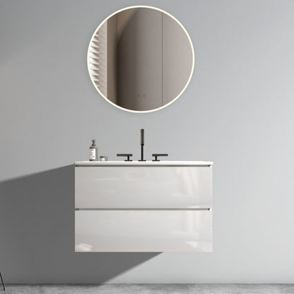 Wall Mount 24" Walnut Bathroom Vanity with Ceramic Sink with three faucet holes, Large Storage Floating Bathroom Vanity for Modern Bathroom, One-Piece Sink Basin without Drain, Pre-assembled