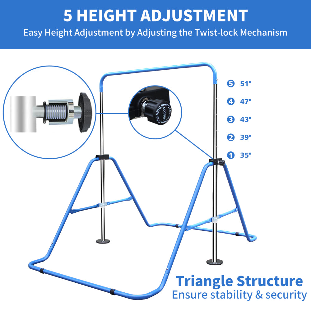 Expandable Gymnastics Bar for Kids - Height Adjustable Junior Training Bar for Home, Folding Gymnastic Horizontal Bars Equipment Blue