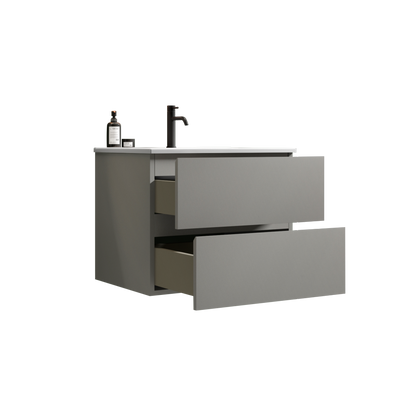 Wall Mount 24" Space grey  Bathroom Vanity with Ceramic Sink with one faucet hole, Large Storage Floating Bathroom Vanity for Modern Bathroom, Pre-assembled