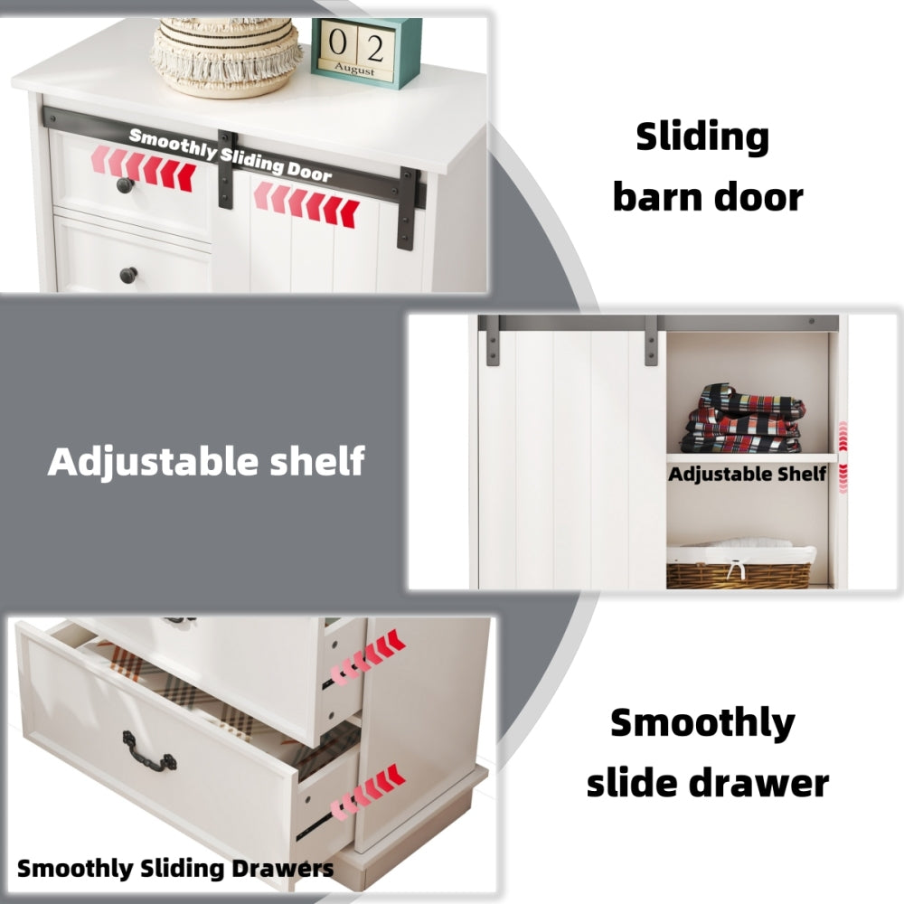 51'' Farmhouse Drawer Chest with Sliding Door, Multi-Storage Drawer Dresser with 5 Drawers and Storage Shelf, Tall Chest of Drawers with Adjustable Shelves for Bedroom, Living room
