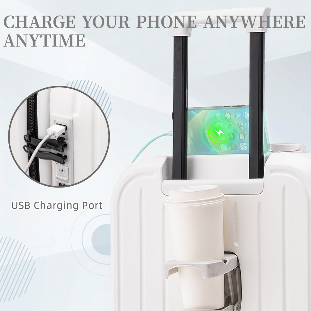 20/24/28in ABS 360° Spinner Wheel Luggage, Carry on Suitcase, with Cup Holder & USB Port (White)